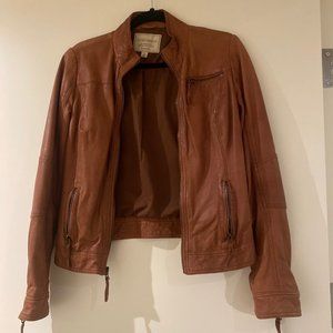 Camel Lucky Brand Collarless Moto Leather Jacket